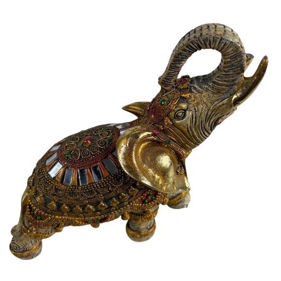 Ornate Gold Elephant Figurine Decor Jeweled Beaded Embellished Resin Statue - Picture 2 of 11